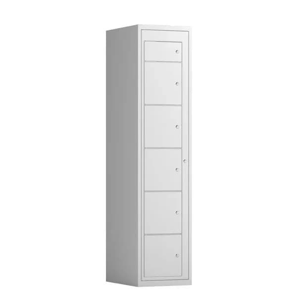 Skap for utlevering av tøy 1x6 rom · Nei · Sylinderlås · Lys grå · 400x550x1752 · 6 · RAL 7035 · Rett tak