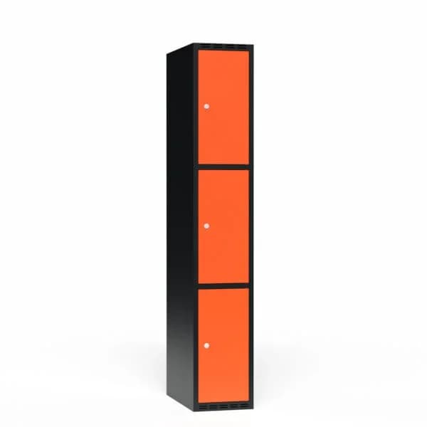 Garderobeskap FFF 3-delt 1 søyle · Nei · 300 · 3 · Sylinderlås · T01 · Garderobeskap · 550 · FFF · 300 x 550 x 1750 · 1 · Sort · RAL 9005 · Traffic Orange