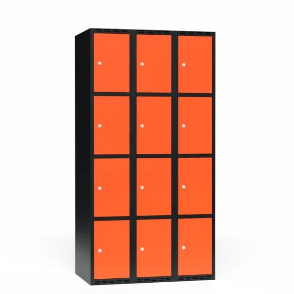 Garderobeskap FFF 4-delt 3 søyle · Nei · 300 · 4 · Sylinderlås · T01 · Garderobeskap · 550 · FFF · 900 x 550 x 1750 · 3 · 12 · Sort · RAL 9005 · Traffic Or