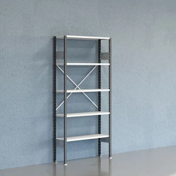 Lagerhylle V06 komplett, åpen gavl · Lakkert · 2100 · Lagerhylle · 300 · Startfag · 2100 x 1000 x 300 · Lakkert lysgrå RAL7035 · EN 16121:2013 + A1:2018