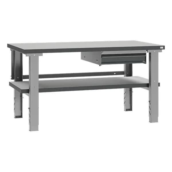 Verkstedbenk med skuff og underhylle · Arbeidsbord · 400-750 · 1500 x 800 mm · Verkstedbenk · Høydejusterbar, manuelt · 740 - 1010 mm · 750 kg · Lys grå · Høyt