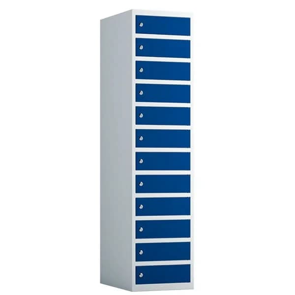 PC skap uten el, 12-delt, djup 550 mm · Blå · Laptop og iPad skap · PCS · 400 x 550 x 1750 · 1 · 12 · Lys grå · RAL 7035 · RAL 5010 · Rett tak · Sylinderlås