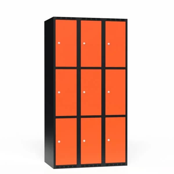 Garderobeskap FFF 3-delt 3 søyle · Nei · 300 · 3 · Sylinderlås · T01 · Garderobeskap · 550 · FFF · 900 x 550 x 1750 · 9 · Sort · RAL 9005 · Traffic Orange